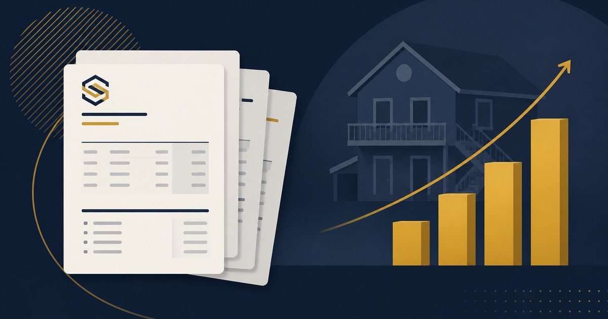 Abstract graphic of bank statement documents and rental property growth bars for Non QM education