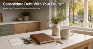 Photoreal kitchen island with blank credit cards, scissors, and house keys by a window, with on image text Consolidate Debt With Your Equity? and Know the Tradeoffs Before You Borrow