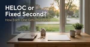 Home office desk by a window with house keys, a small model house, and a leather folio, with text HELOC or Fixed Second? How Each One Gets Paid Back