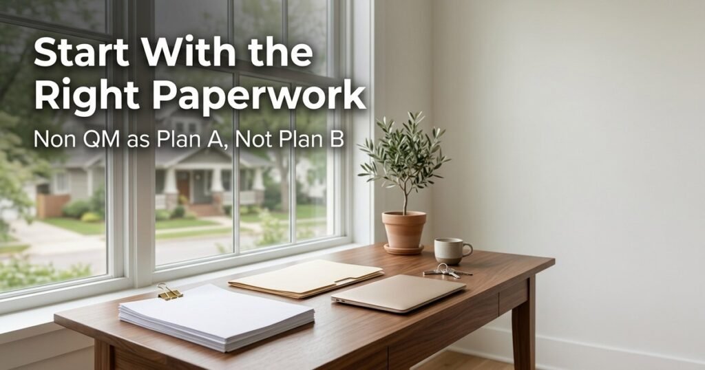 Photoreal home office desk with statements and house keys by a window, with on image text Start With the Right Paperwork and Non QM as Plan A, Not Plan B