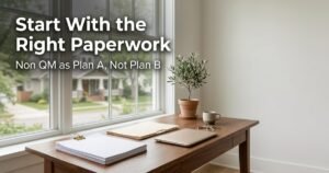 Photoreal home office desk with statements and house keys by a window, with on image text Start With the Right Paperwork and Non QM as Plan A, Not Plan B