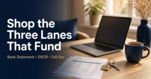 Photoreal home office desk with laptop and bank statements; headline Shop the Three Lanes That Fund