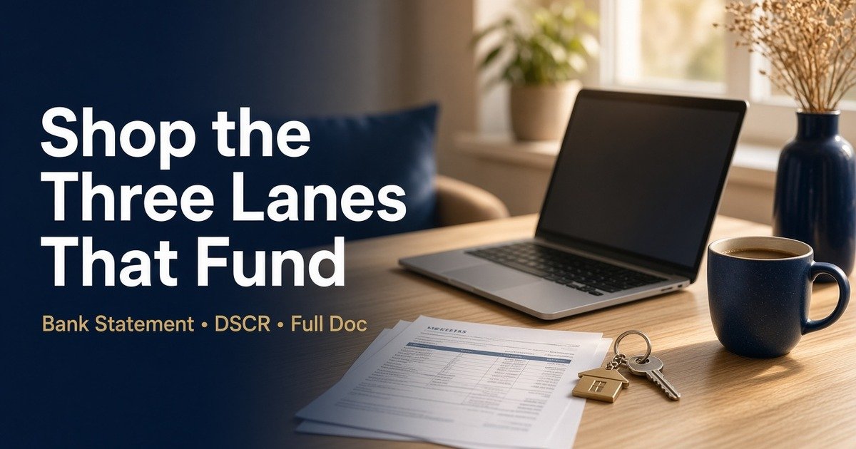 Photoreal home office desk with laptop and bank statements; headline Shop the Three Lanes That Fund
