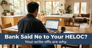 Self employed business owner reviewing bank statements on a laptop at a kitchen table, with text Bank Said No to Your HELOC